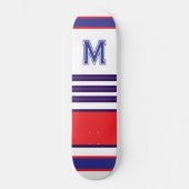 Elegant blue red white stripes monogram skateboard (Recto)