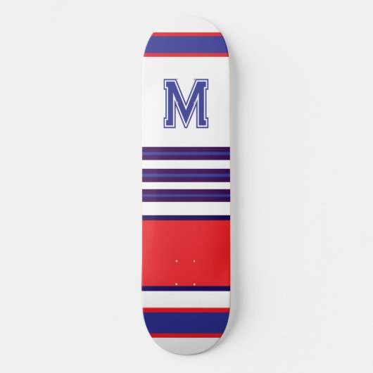Elegant blue red white stripes monogram skateboard (Recto)