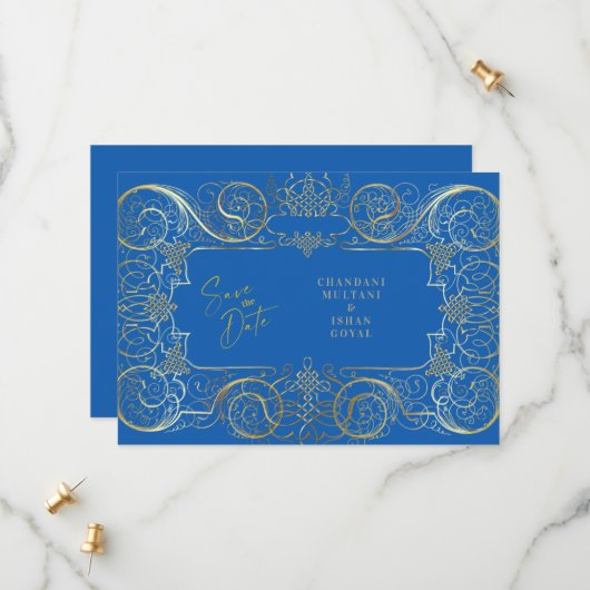 Elegant Blue Regal Gold Wedding Save the Date (Voorkant / Achterkant in situ)