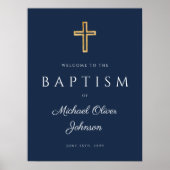 Elegant Blue Religious Cross Boy Baptism Welkom P Poster (Voorkant)