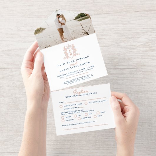 Elegant blue & rose gold monogrammed wedding foil all in one uitnodiging (Uittrekbaar)