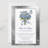 Elegant Blue Roses Butterfly Silver Couples Shower Kaart (Voorkant)