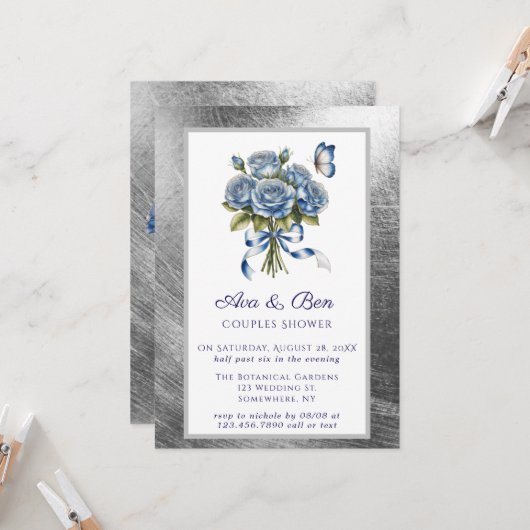 Elegant Blue Roses Butterfly Silver Couples Shower Kaart (Voorkant / Achterkant in situ)
