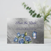 Elegant Blue Roses Butterfly Silver Wedding Save The Date (Staand voorkant)