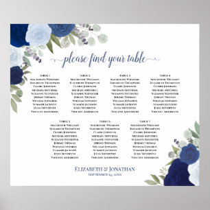 Elegant Blue Rozen 7 Table Wedding Seding Chart Poster