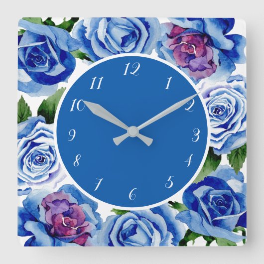 Elegant Blue Rozen Floral Decoratief Vierkante Klok (Voorkant)
