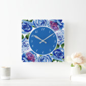 Elegant Blue Rozen Floral Decoratief Vierkante Klok (Huis)