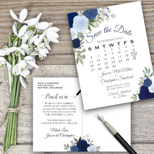 Elegant Blue Rozen Wedding Save the Date Calendar Aankondigingskaart