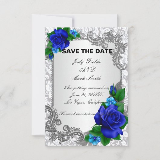 Elegant Blue Rozen Wedding Save the Date Kaart (Voorkant)