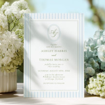 Elegant Blue & Sage Monogram Wedding Invitation