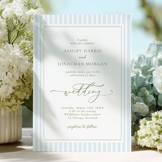 Elegant Blue & Sage Striped Wedding Invitation