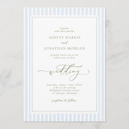 Elegant Blue & Sage Striped Wedding Invitation (Devant)