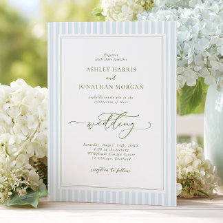 Elegant Blue & Sage Striped Wedding Invitation Kaart