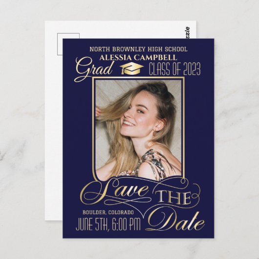 Elegant Blue Save the Date Afstuderen Briefkaart (Voorkant / Achterkant)