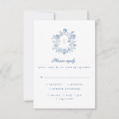 Elegant Blue Script Floral Crest Wedding RSVP (Devant)