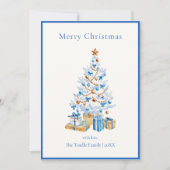 Elegant Blue Script Watercolor Christmas Tree Feestdagenkaart (Voorkant)