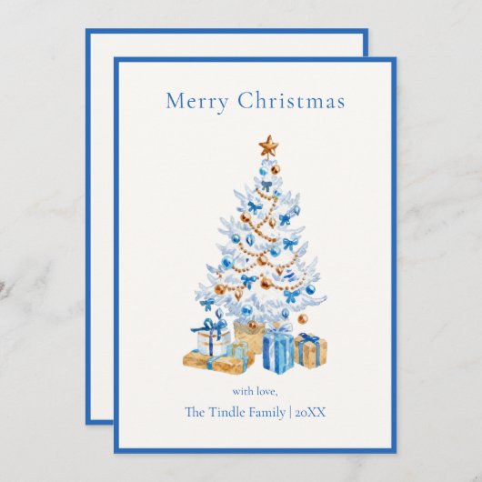 Elegant Blue Script Watercolor Christmas Tree Feestdagenkaart (Voorkant / Achterkant)