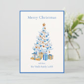 Elegant Blue Script Watercolor Christmas Tree Feestdagenkaart (Staand voorkant)