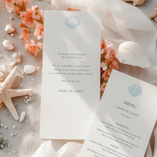 Elegant Blue Seashell Ivory Double Side Wedding  Menu