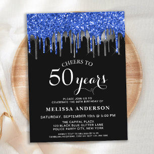 Elegant Blue Silver Black Glitter Drip 50 Birthday Briefkaart