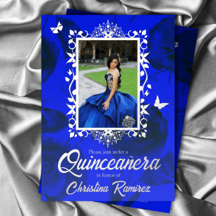 Elegant Blue, Silver Butterflies Quinceanera Folie Folie Uitnodiging
