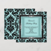 Elegant Blue Silver Damask Black Birthday Party Kaart (Voorkant / Achterkant)