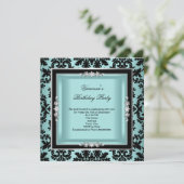 Elegant Blue Silver Damask Black Birthday Party Kaart (Staand voorkant)