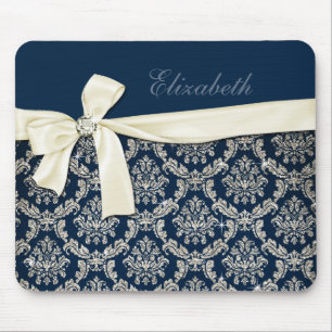 Elegant Blue Silver Damask Diamond Bow Monogrammed Muismat