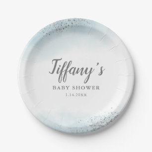 Elegant Blue Silver Glitter Baby shower Papieren Bordje