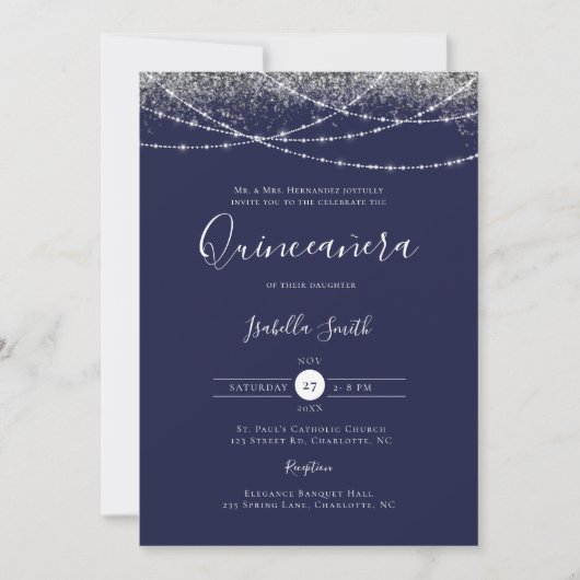 Elegant Blue Silver Glitter Foto Quinceanera Kaart (Voorkant)
