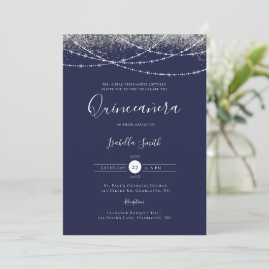 Elegant Blue Silver Glitter Foto Quinceanera Kaart (Staand voorkant)