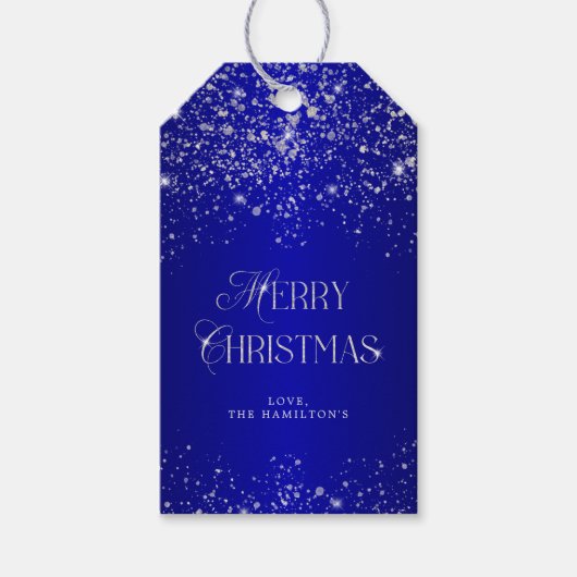 Elegant Blue Silver Glitter Merry Kerstmis Cadeaulabel (Voorkant)