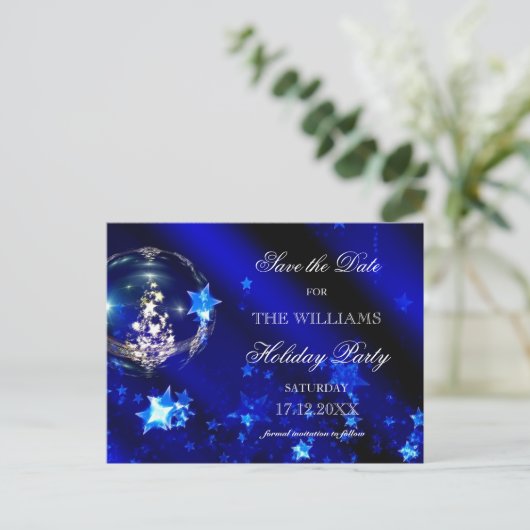 Elegant Blue Silver-kerstparty bewaart de datum Aankondigingskaart (Staand voorkant)