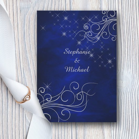 Elegant Blue Silver Star Swirl Wedding Kaart