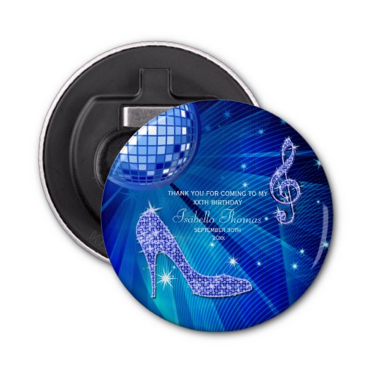 Elegant Blue Sparkly Heels, Music Party Button Flesopener (Voorkant)