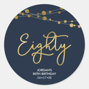 Elegant Blue Strings of Lights 80th Birthday Ronde Sticker