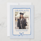 Elegant Blue Stripes Bow Frame Graduation Photo  Aankondiging (Voorkant)