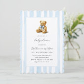 Elegant Blue Stripes Teddy Bear Baby Shower  Kaart (Staand voorkant)