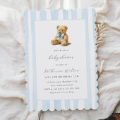 Elegant Blue Stripes Teddy Bear Baby Shower  Kaart