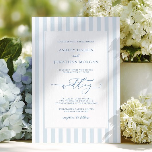 Elegant Blue Stripes Wedding Invitation Kaart
