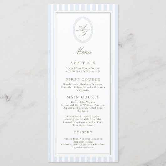 Elegant Blue Stripes Wedding Menu (Devant)