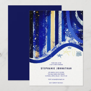 Elegant Blue Stripters Spatters Stars Baby shower Kaart