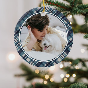 Elegant Blue Tartan Pset met kerstmonogram Foto Keramisch Ornament