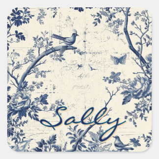 Elegant Blue Toile Bird Floral Pattern Vierkante Sticker