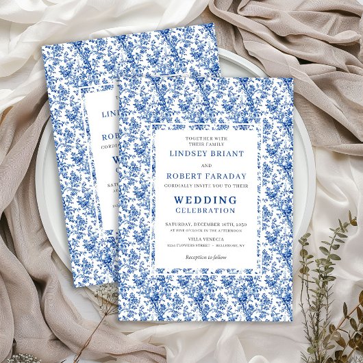 Elegant Blue Toile Floral Classic Wedding Invites Kaart