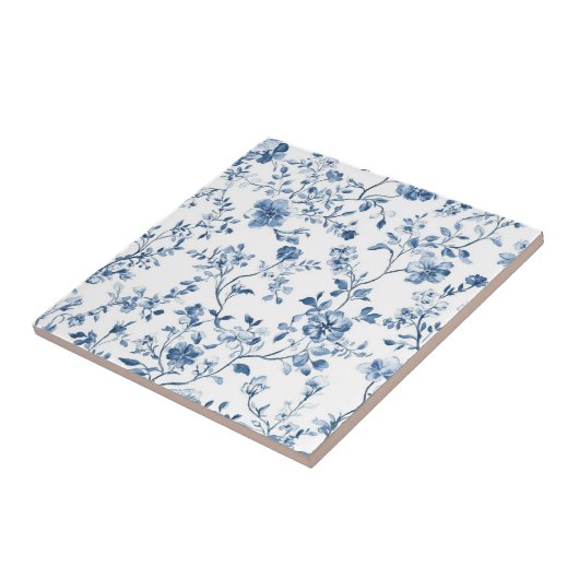 Elegant Blue Toile Floral Pattern Ceramic Tile Tegeltje (Zijkant)