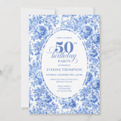 Elegant Blue Toile Rose 50th Birthday Invitation (Devant)
