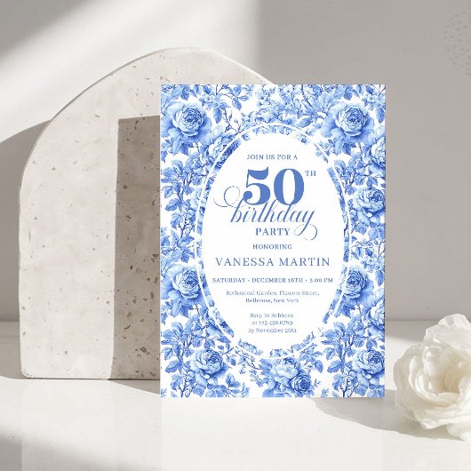 Elegant Blue Toile Rose 50th Birthday Invitation