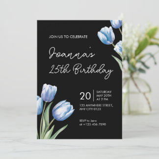 Elegant Blue Tulip Birthday Party Invitation Kaart