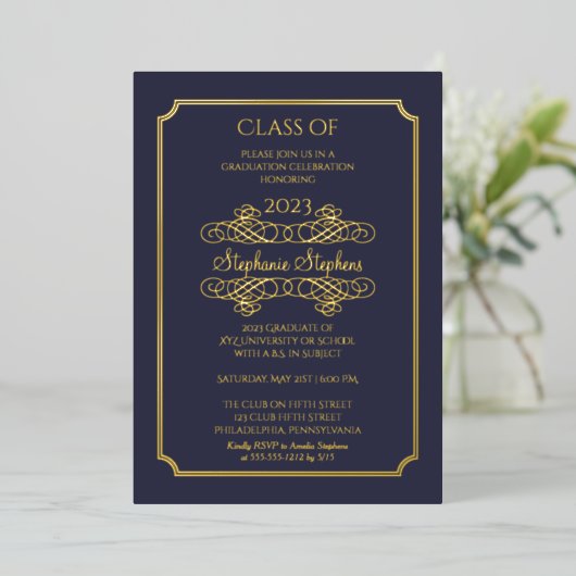 Elegant Blue University Graduation Party Gold Folie Uitnodiging (Staand Voorkant)